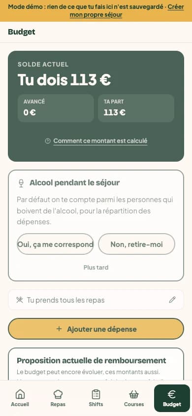 Budget invité du séjour d'exemple : solde, part et dépenses