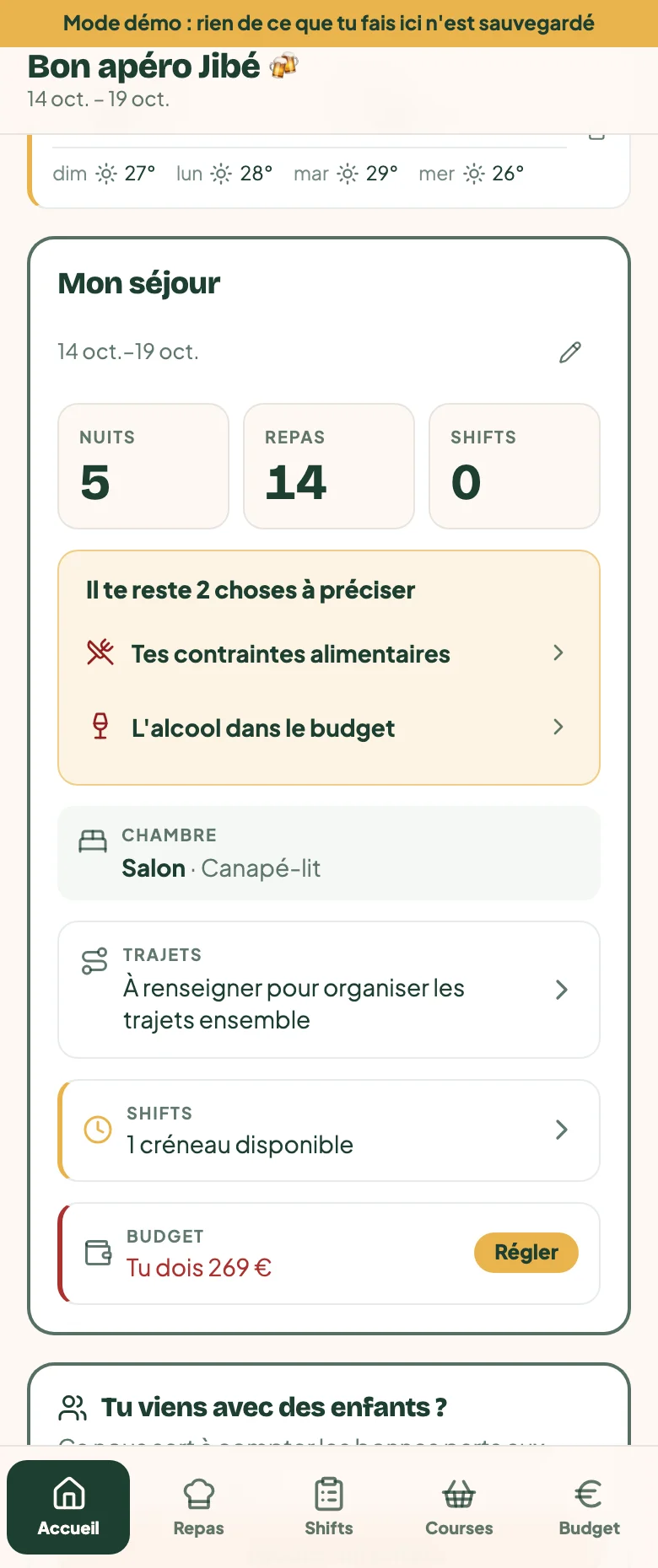 Accueil invité du séjour d'exemple, avec sa navigation mobile complète