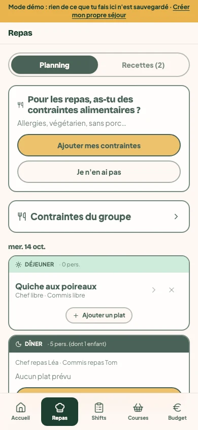 Planning des repas du séjour d'exemple, avec les plats et les rôles de cuisine