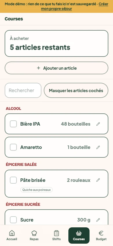 Courses du séjour d'exemple, classées par rayon avec les quantités