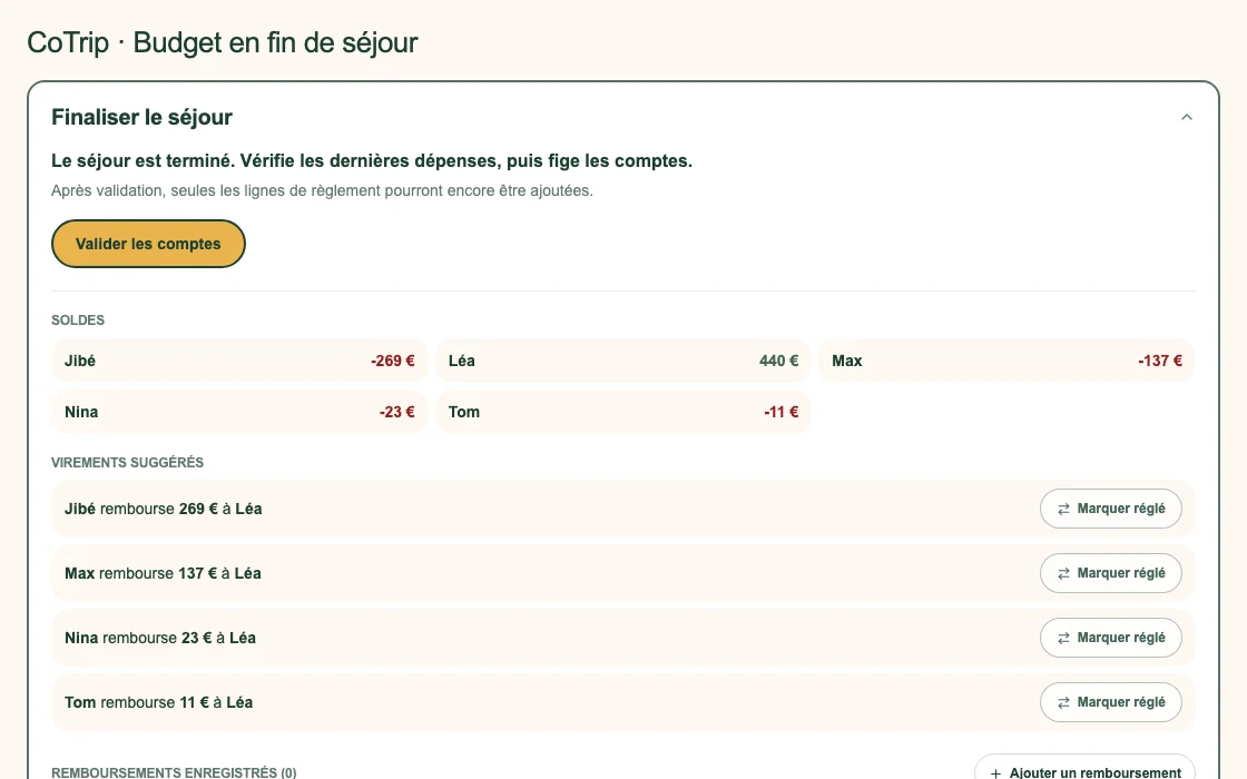 Soldes et remboursements suggérés en fin de séjour fictif, sans paiement intégré