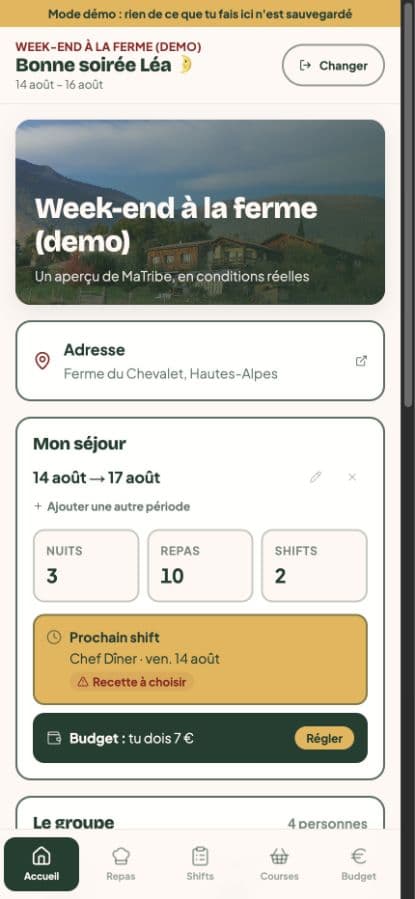 Écran mobile réel du séjour de démonstration CoTrip avec dates, repas, shifts et budget