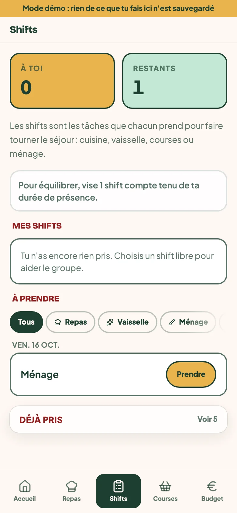 Créneaux de cuisine et de vaisselle à prendre dans le séjour d'exemple.