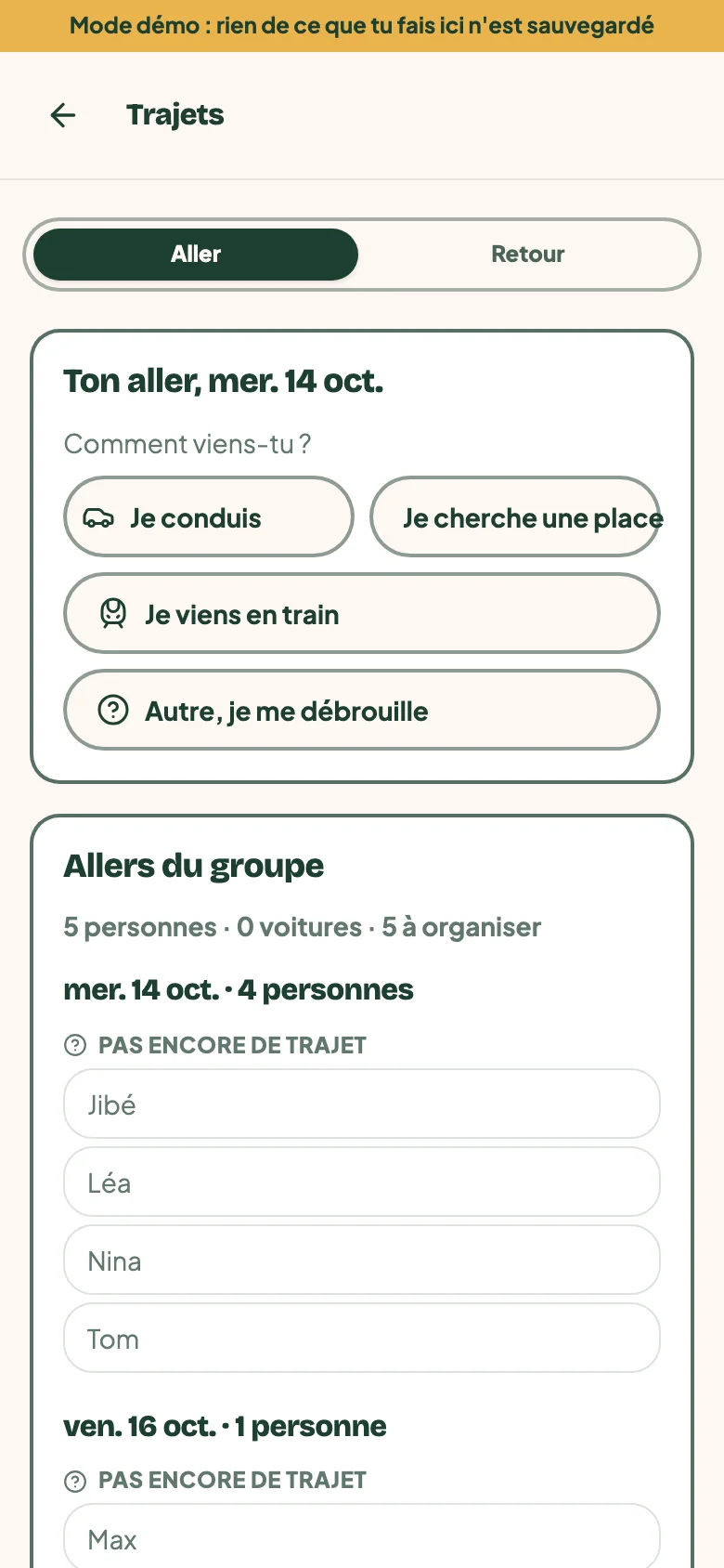 Trajets aller et retour dans le séjour d'exemple : conducteurs, passagers et places libres.